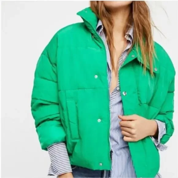 EUC Free People Green Slouchy Oversized Cropped Puffer Coat - Picture 1 of 7